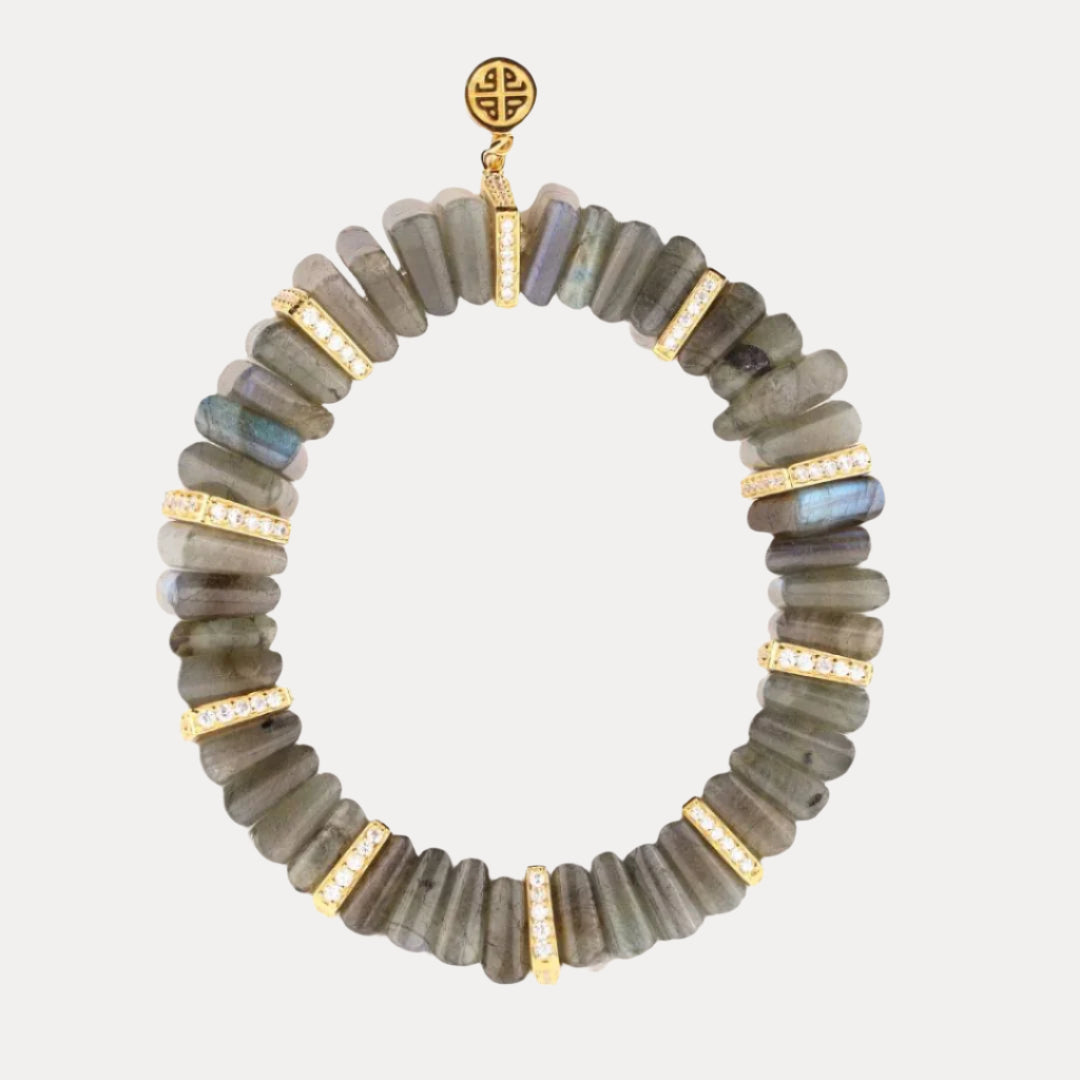 BuDhaGirl tablet labradorite and crystals bracelet on a white background.